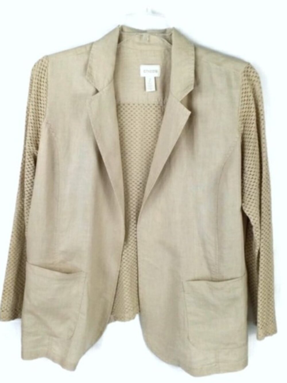 Chico's Tan Linen Open Front Long Perforated Sleeve Blazer Jacket Womens 2, US L - Picture 2 of 15